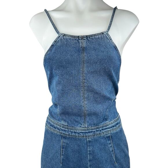 ASOS Women's Blue Sleeveless Lace Up Back Wide Leg Capri Denim Jean Jumpsuit 2 - Picture 4 of 5